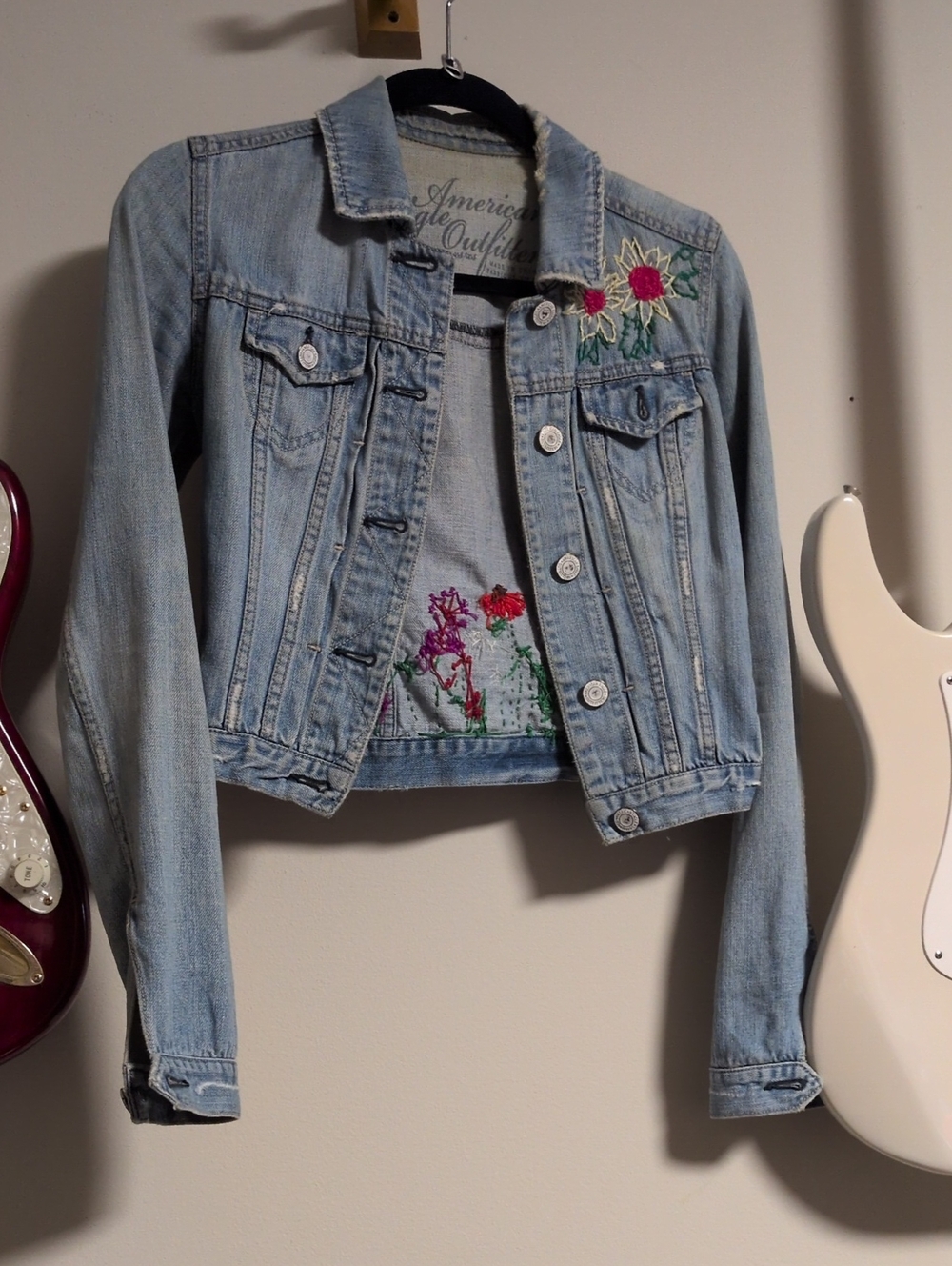 American Eagle Outfitters Light Blue Embroidered Denim Jacket